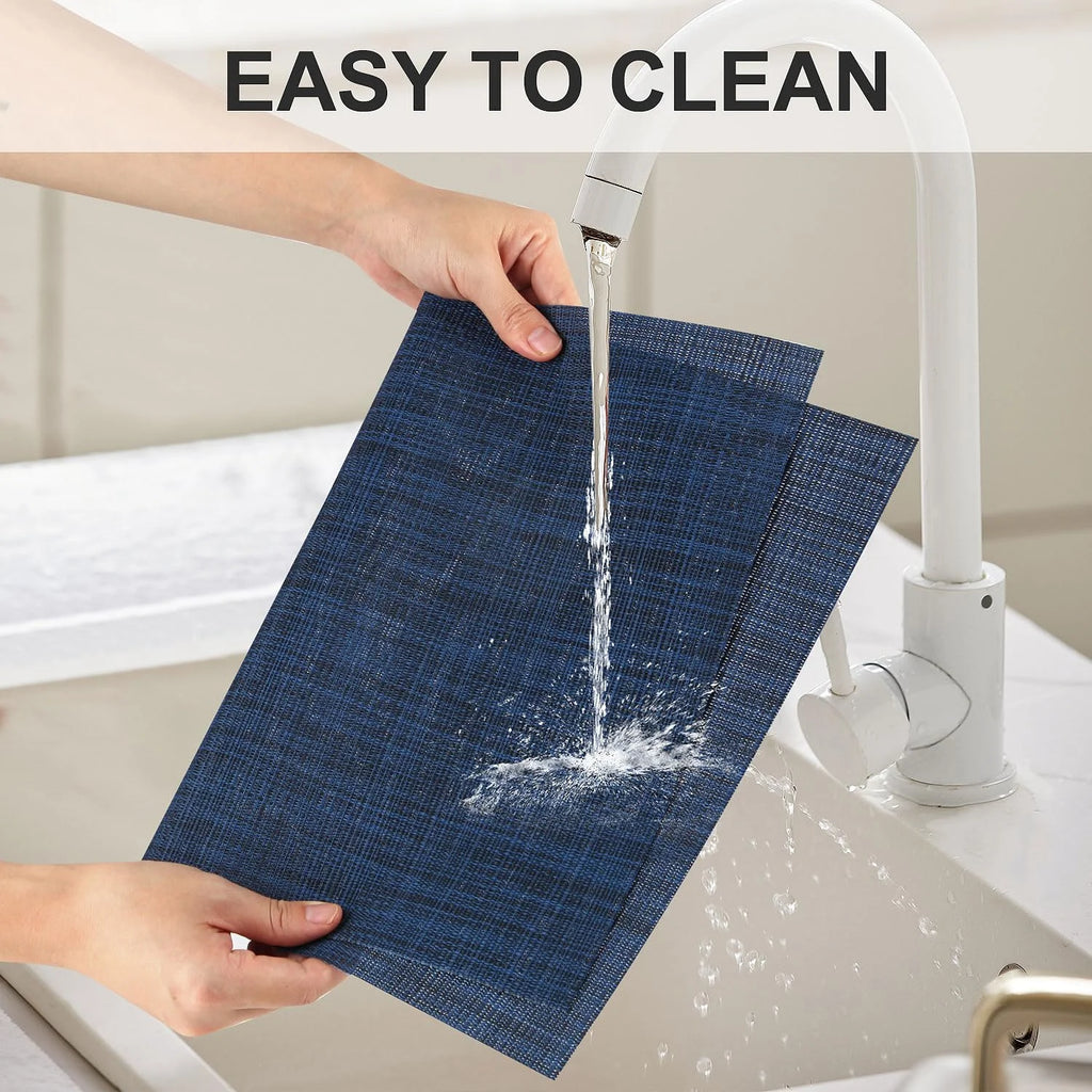 Heat resistant placemats set of 4, washable non-slip vinyl, navy blue B880