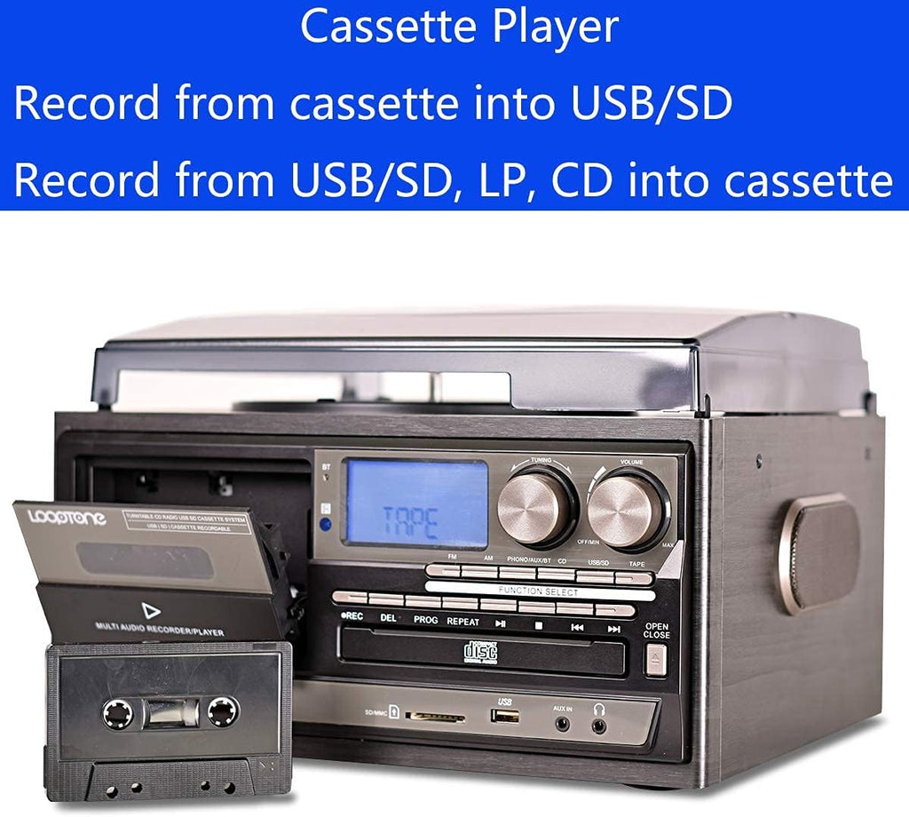 Vinyl Record Player 3 Speed Bluetooth Turntable with CD Cassette Radio USB I3998