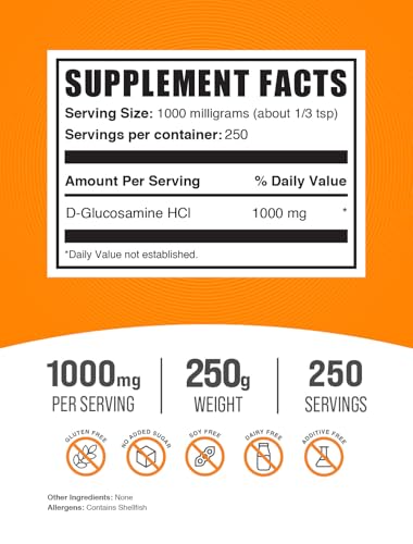 Glucosamine HCl Powder, 1000mg per Serving, Gluten Free, 500g G810