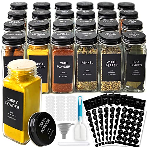 24 Pcs Glass Spice Jars with 408 Labels, 4oz Empty Seasoning Bottles Square Containers with Black Metal Caps - Shaker Lids, Funnel, Brush and Marker Included