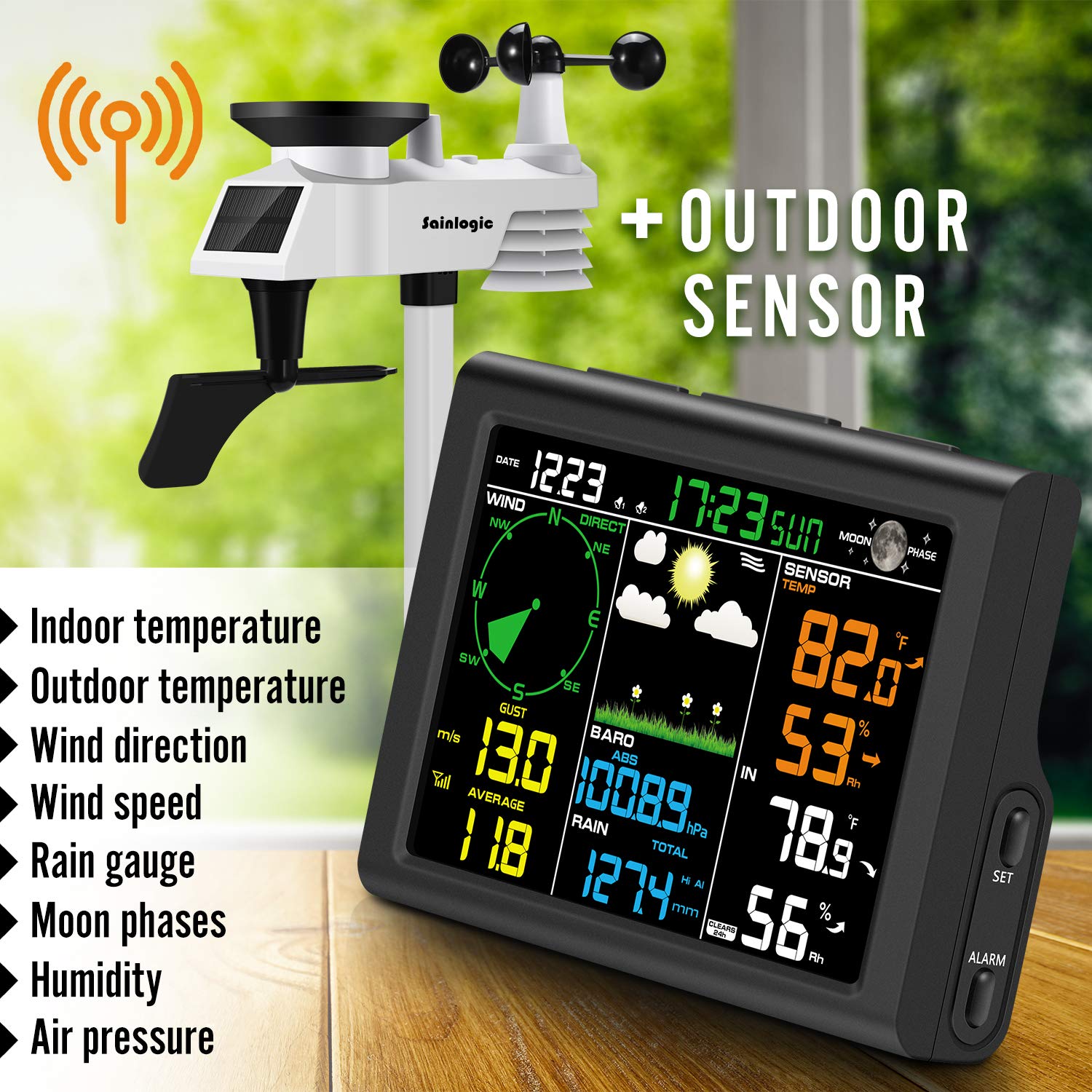 Wireless Weather Station with Outdoor Sensor, 8-in-1 Forecast, Temperature, Humidity, Wind & Rain Gauge U20300