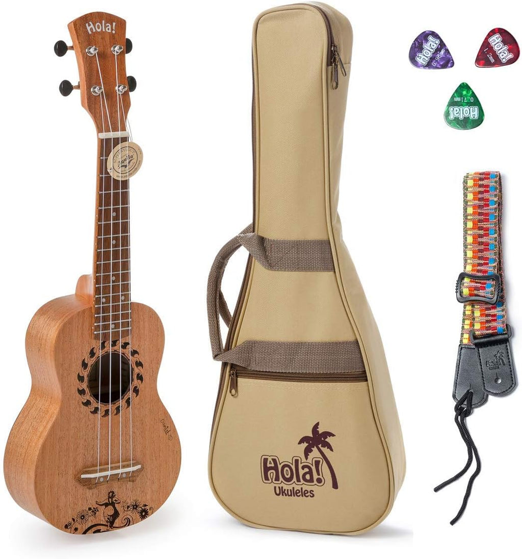 Hola! Music HM-121GL+ Laser Engraved Mahogany Soprano Ukulele Bundle with Aquila Strings, Padded Gig Bag, Strap and Picks - Hula Dancer