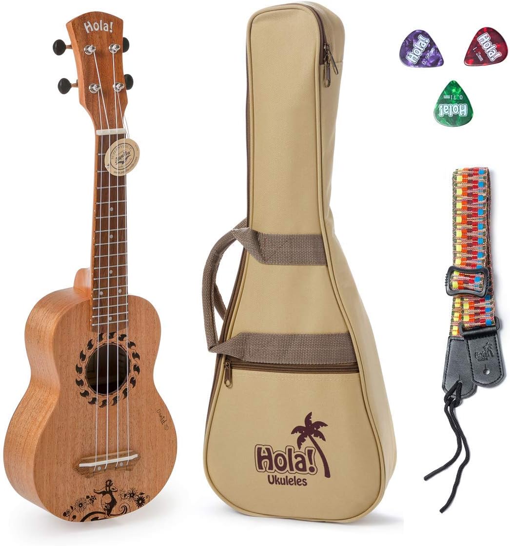 Hola! Music HM-121GL+ Laser Engraved Mahogany Soprano Ukulele Bundle with Aquila Strings, Padded Gig Bag, Strap and Picks - Hula Dancer