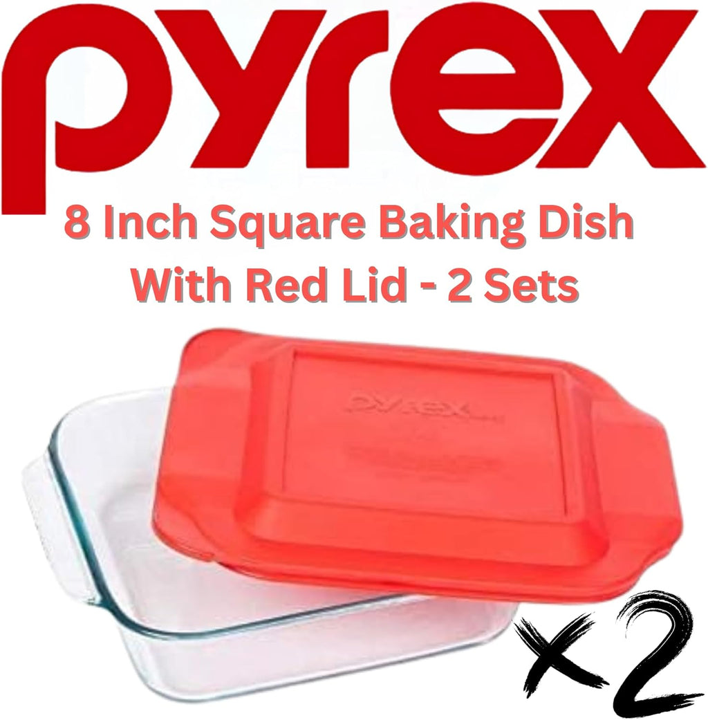 8" Square Glass Baking Dish with Red Cover (2 Pack) O841