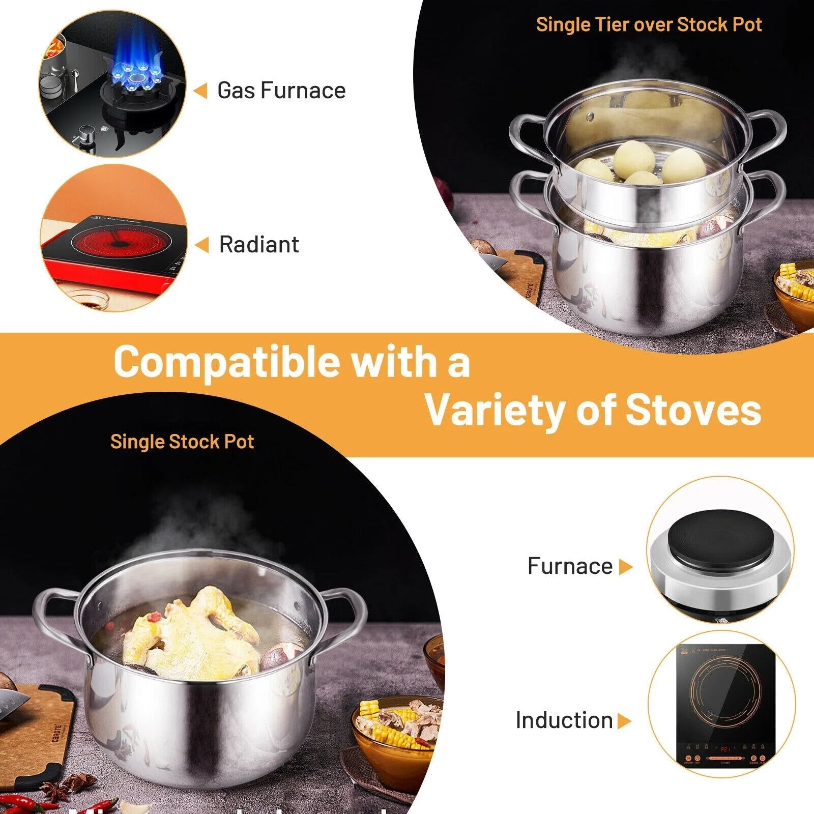 Stainless Steel 2-Tier Steamer Pot with Glass Lid L412457