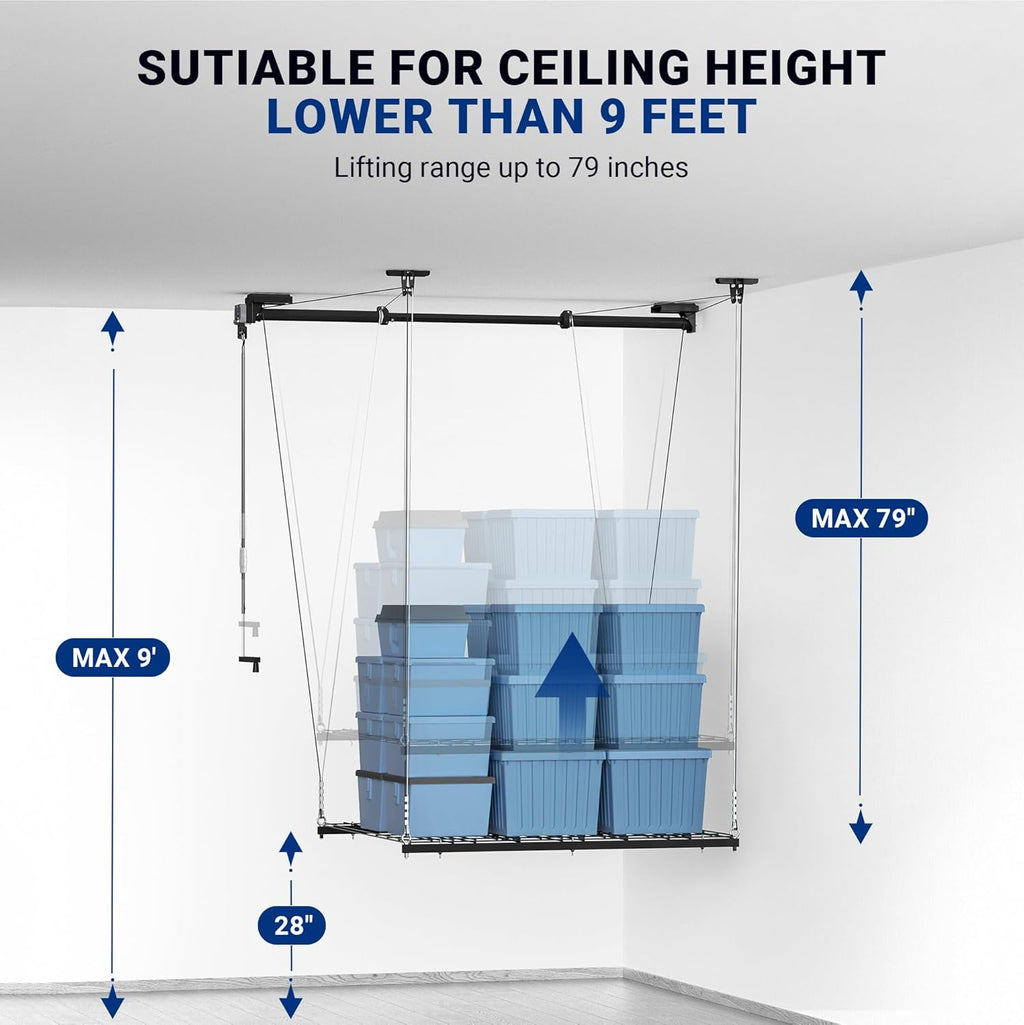 Overhead Garage Storage Rack, 4x4 Ft, Adjustable Heavy-Duty Ceiling Rack, 300 lbs J20957