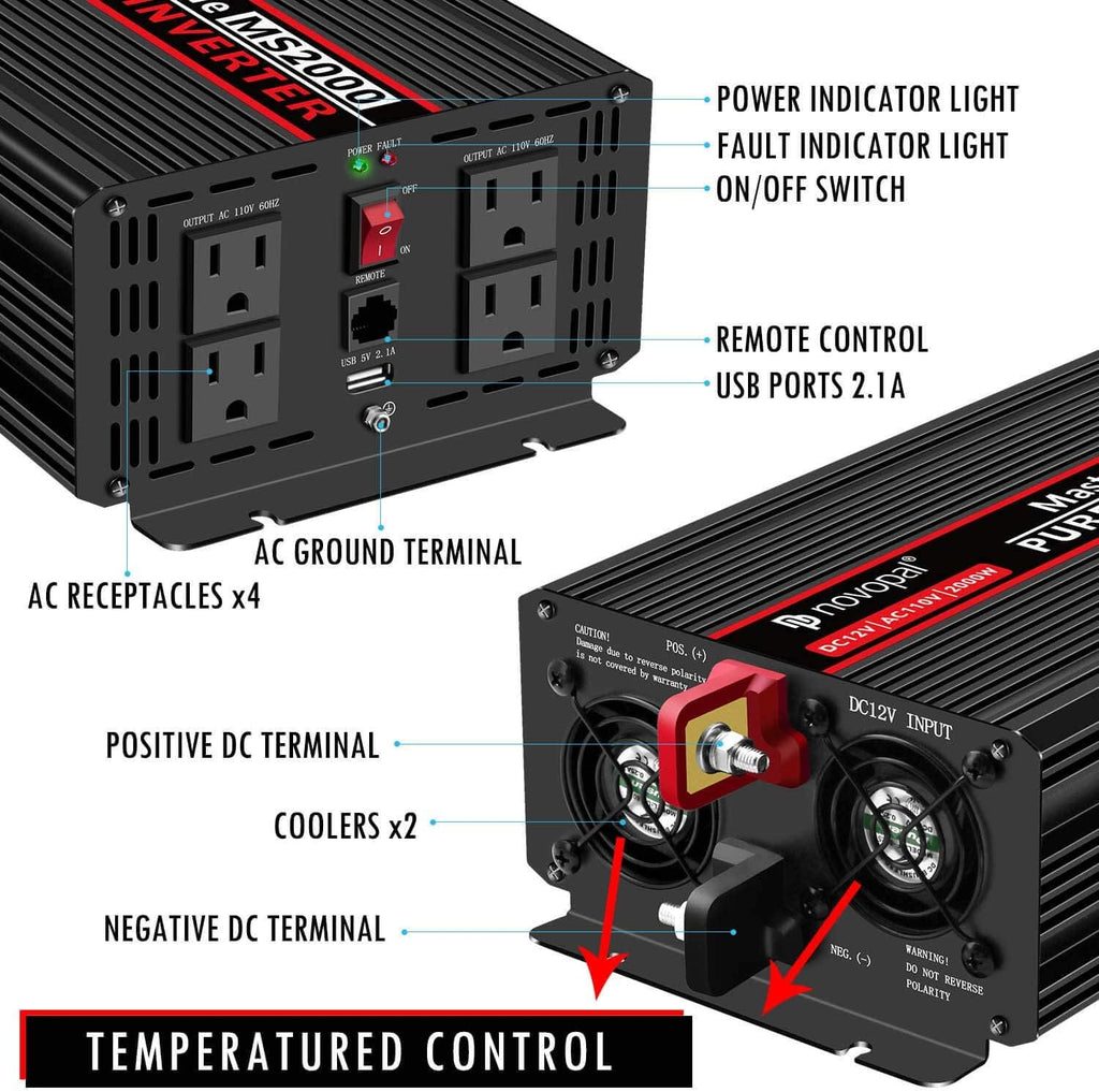 Power Inverter Pure Sine Wave 1000W 24V to 110V AC Converter with 4 Outlets and Remote Control J12881