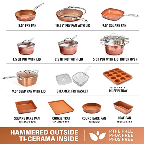 Hammered 15 Pc Copper Pots and Pans Set Non Stick Ceramic Cookware P583