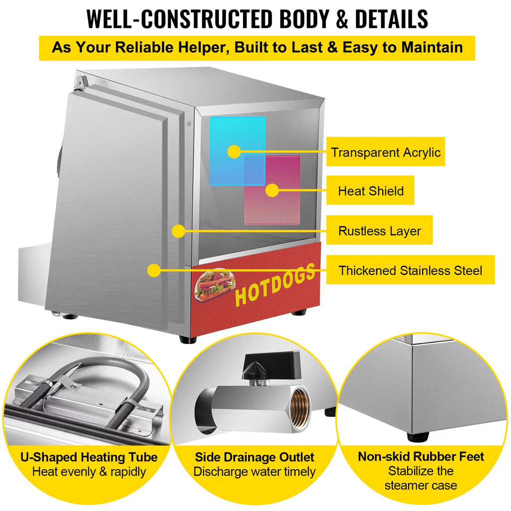 Hot Dog Steamer, 36L, Electric Bun Warmer with Stainless Steel Body H902