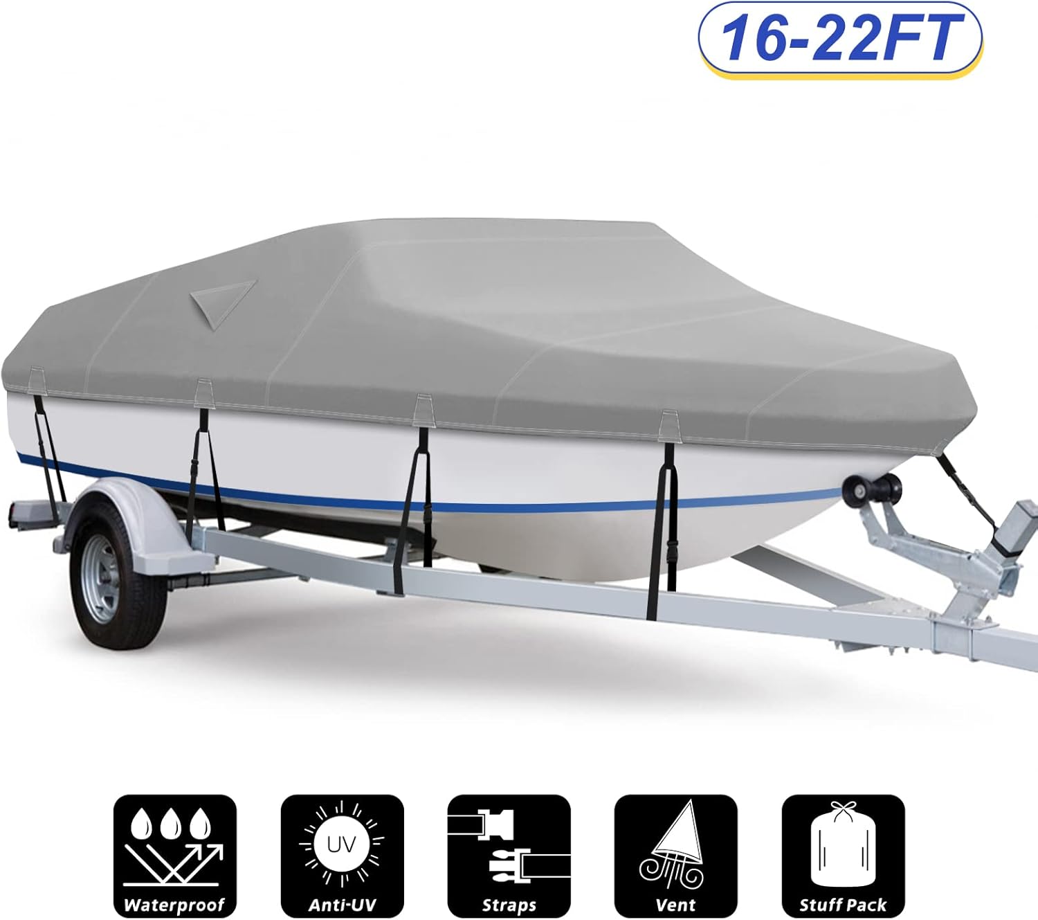 Boat Cover, 800D Waterproof, Fits 17-19 ft Bass Boat, V-Hull, Tri-Hull, Runabout, Bowrider, Fish and Ski Boat, Heavy Duty Canvas, Double Rear Air Vents A231
