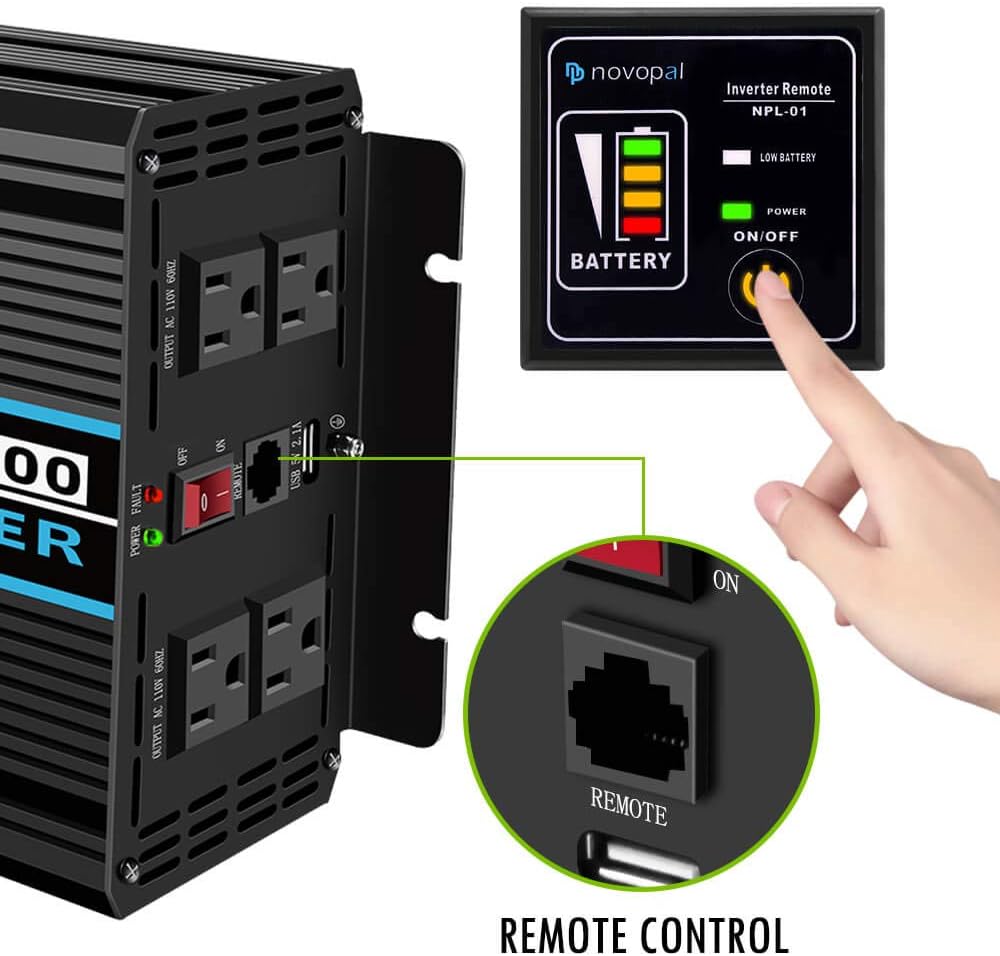 Power Inverter Pure Sine Wave 1000W 24V to 110V AC Converter with 4 Outlets and Remote Control J12881