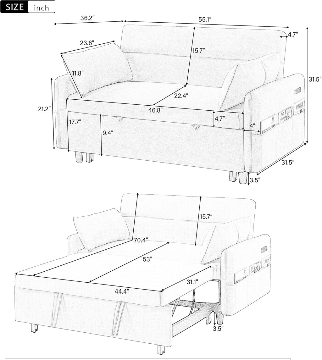 55" Sleeper Sofa with Pull Out Bed, USB Ports, Adjustable Backrest T85682