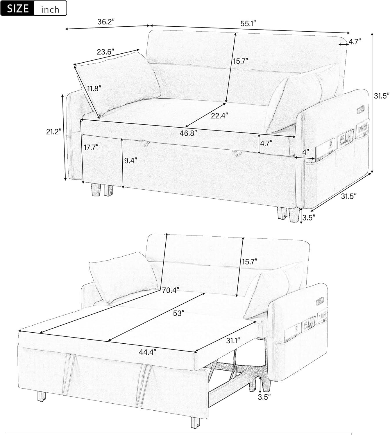 55" Sleeper Sofa with Pull Out Bed, USB Ports, Adjustable Backrest T85682